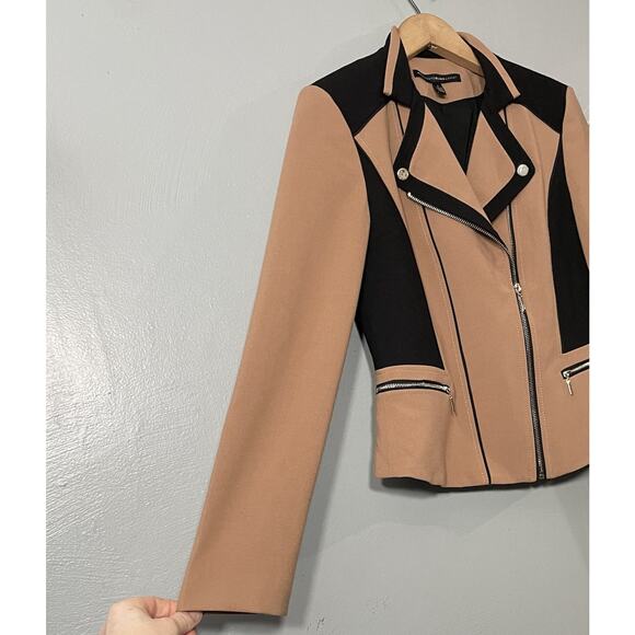 WHBM Jacket Size 4 Tan Black Moto Zip Blazer Office Siren Preppy Avant Garde - Picture 2 of 14